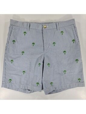 Southern Tide The Skipjack Seersucker Shorts Mens 35 Palm Tree Embroidery Blue